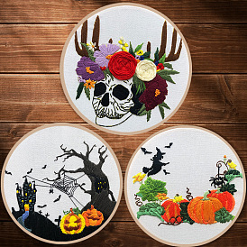 DIY Halloween Theme Embroidery Kits, Including Printed Cotton Fabric, Embroidery Thread & Needles, Embroidery Hoop, Skull/Pumpkin/House/Witch Pattern