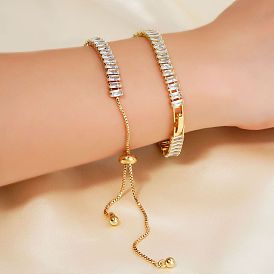 2Pcs 2 Styles Brass Cubic Zirconia Cup Chain Fashionable and Elegant Bracelets Sets, Adjustable Slider Bracelets, Golden