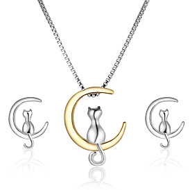 Minimalist Moon Cat Earrings and Necklace Set - Versatile Lunar Jewelry for Women