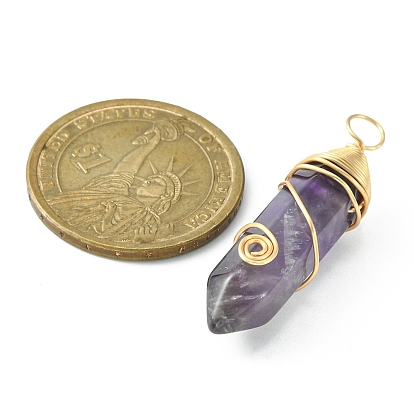 Natural Mixed Gemstone Copper Wire Wrapped Pendants, Faceted Bullet Charms, Real 18K Gold Plated