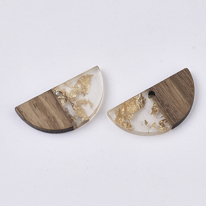 Transparent Resin & Walnut Wood Pendants, with Foil, Waxed, Half Round