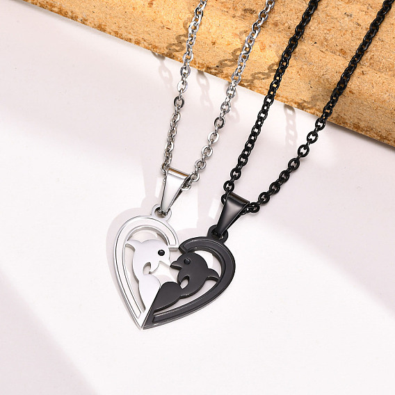 Stainless Steel Couple Pendants, Split Heart with Swan/Gender Sign/Dolphin Charm for Valentine's Day
