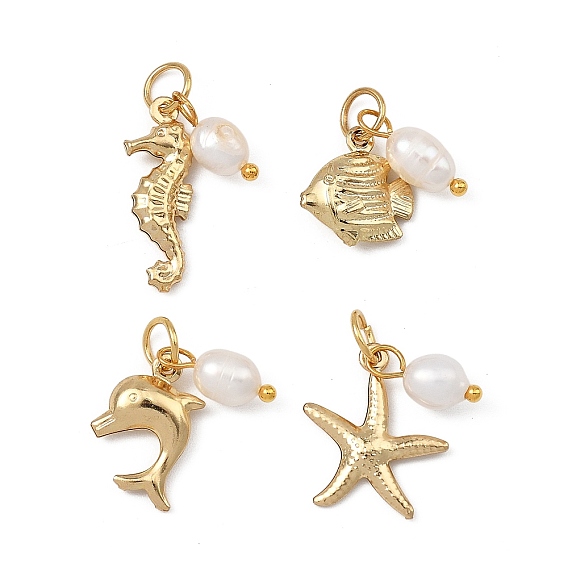 Stainless Steel & Pearl Pendants, with Brass Findings, Ocean Theme Charms