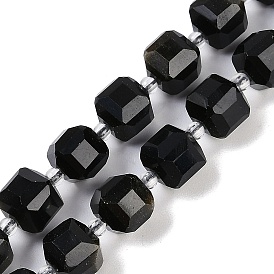 Natural Golden Sheen Obsidian Beads Strands, Faceted Table Cut Cube Beads, with Seed Beads