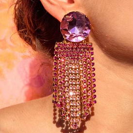 Sparkling Rhinestone Tassel Earrings for Women - Long Chain Circle Glass Gems Dangle Ear Jewelry