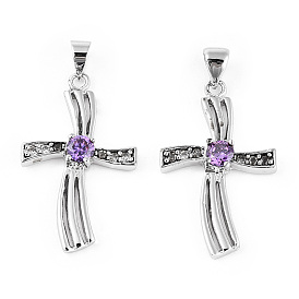Rhodium Plated 925 Sterling Silver Pave Cubic Zirconia Pendants, Twisted Religion Cross Charms wit 925 Stamp