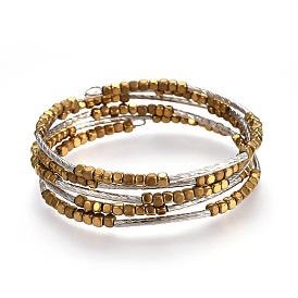Electroplate Non-magnetic Synthetic Hematite Beads Wrap Bracelets, Five Loops, with Steel Memory Wire, Brass Tube Beads