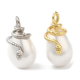 Eco-Friendly Brass Pendants, with Shell Pearl Beads, Lead Free & Cadmium Free, Teardrop with Snake Charm