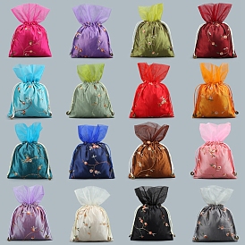 Silk Embroidery Flower Pouches, Drawstring Bag, Rectangle
