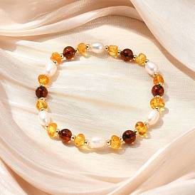 Эластичные браслеты из натурального янтаря и культивированного пресноводного жемчуга для женщин., круглый/прямоугольный