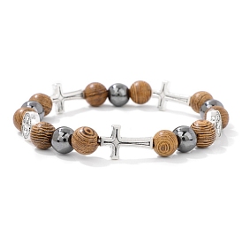 Religion Gemstone Stretch Bracelets, with Wood and Metal Beads, Cross & Flat Round