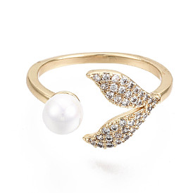Brass Micro Pave Clear Cubic Zirconia Cuff Rings, Open Rings, with ABS Plastic Imitation Pearl Beads, Nickel Free, Mermaid Tail Shape