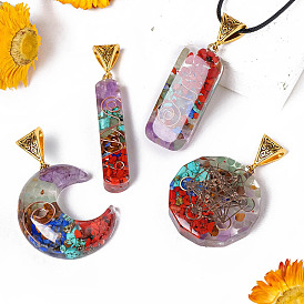 Resin with Gemstone inside 7 Chakra Pendant Necklaces, Black Cord Necklaces for Men and Women