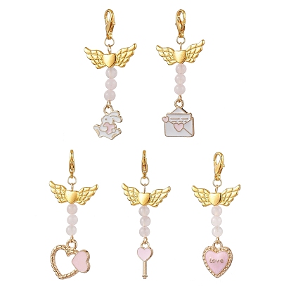 Valentine's Day Alloy Enamel Pendant Decoraton, Natural Rose Quartz Bead & Red Agate & Lobster Claw Clasps Charms, for Backpack Keychain Ornaments