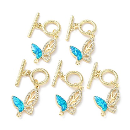 Brass Micro Pave Cubic Zirconia Toggle Clasps, with Synthetic Opal, Cadmium Free & Lead Free, Long-Lasting Plated, Real 18K Gold Plated, Butterfly