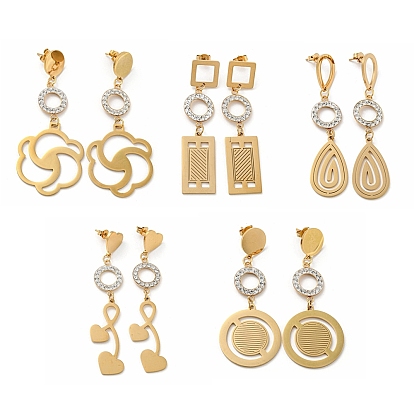 Vacuum Plating Golden 304 Stainless Steel Geometry Dangle Stud Earrings, Rhinestone Ring Drop Earrings