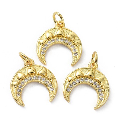 Brass Clear Cubic Zirconia  Pendants, with Jump Ring, Long-Lasting Plated, Moon