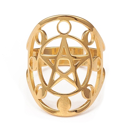 304 Stainless Steel Adjustable Rings, Wide Band Ring, Hollow Pentagram Moon Phase Ring