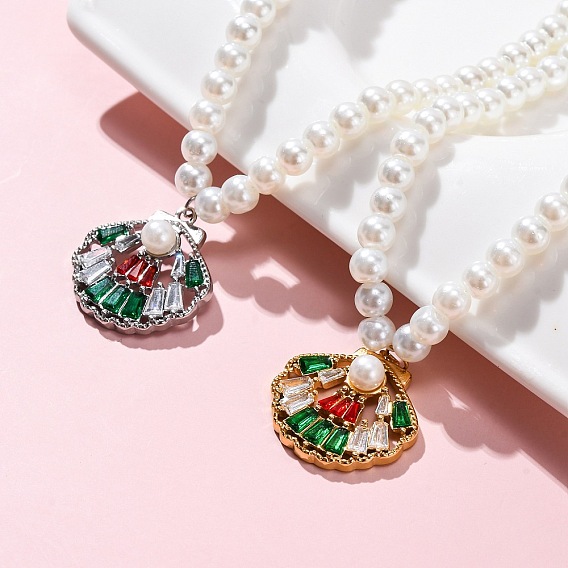 304 подвески в форме ракушки из нержавеющей стали с разноцветными кубическими цирконами, белые пластиковые бусины из жемчуга для женщин