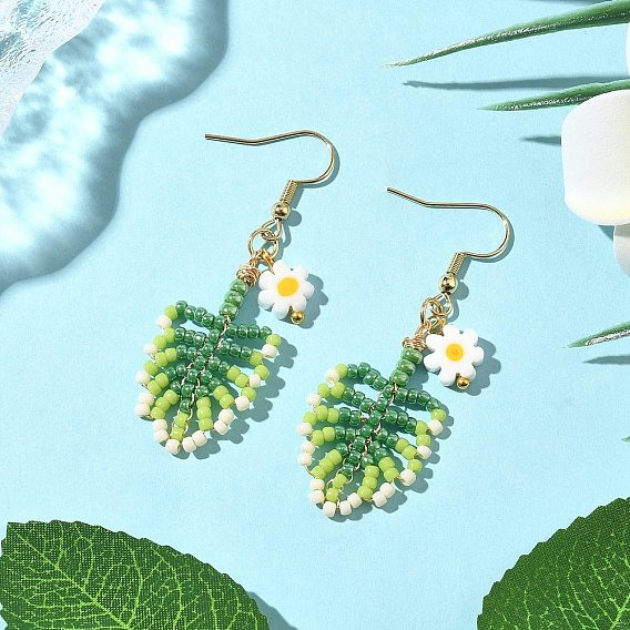 304 серьги-подвески в форме листа из стеклянных бусин из нержавеющей стали, золотые