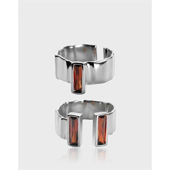 Brass Pave Cubic Zirconia Cuff Open Rings, Rectangle, Platinum