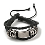 PU Leather & Waxed Cords Triple Layer Multi-strand Bracelets, Braided Adjustable Bracelet Alloy Rectangle Links
