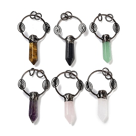 Natural Gemstone Faceted Pointed Bullet Big Pendants, Brass Ring Charms with Eye & Jump Rings, Red Copper