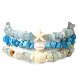 3Pcs Gemstone Beaded Stretch Bracelets set, with Freshwater Pearl, Starfish & Tortoise