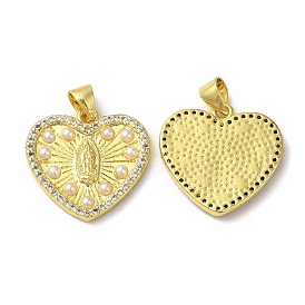 Rack Plating Brass Cubic Zirconia Pendants, with Plastic Imitation Pearl, Real 18K Gold Plated, Long-Lasting Plated, Heart