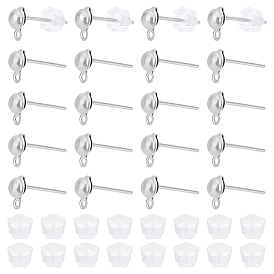 250Pcs 304 Stainless Steel Half Round Stud Earring Findings, with Horizontal Loops, with 300Pcs Plastic Ear Nuts