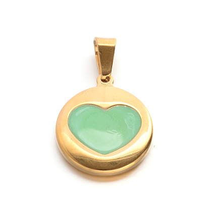 304 Stainless Steel Enamel Pendants, Flat Round with Hearts, 19x16x3mm, Hole: 7x3.5mm