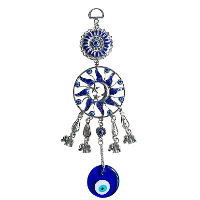 Glass Blue Evil Eye Pendant Decorations, with Alloy Elephant & Sun Link, for Wall Car Hanging Decoration