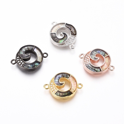 Brass Micro Pave Clear Cubic Zirconia Links Connectors, with Abalone Shell/Paua Shell, Flat Round