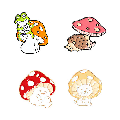 Mushroom with Animal Enamel Pin, Golden Brass Brooch for Backpack Clothes
