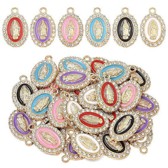 30Pcs 6 Colors Alloy Enamel Pendants, with Rhinestone, Light Gold, Oval with Saint Charms