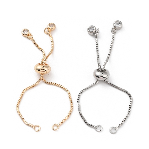 Rack Plating Brass Box Chain Link Bracelet Making, Slider Bracelets, with Cubic Zirconia, Long-Lasting Plated