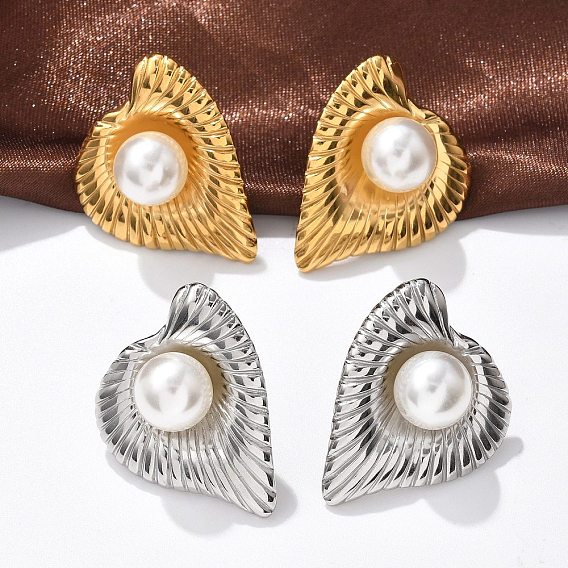 Сердце 304 нержавеющей стали серьги, с пластиковой жемчужины, ионное покрытие (ip)