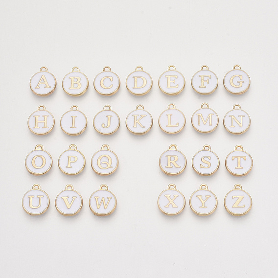 Golden Plated Alloy Charms, Cadmium Free & Lead Free, with Enamel, Enamelled Sequins, Flat Round with Letter