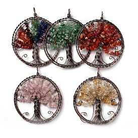 Mixed Gemstone Chip Beads Big Pendants, with Brass Findings, Flat Round with Tree of Life