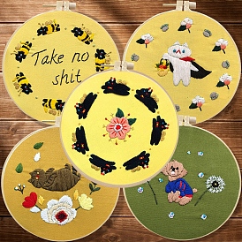 Cat/Dog/Bees Pattern DIY Embroidery Kits for Beginner, Including Printed Fabric, Embroidery Thread & Needles & Hoop, Instruction