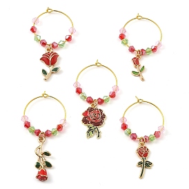 Valentine's Day Theme Rose Alloy Enamel Wine Glass Charms, with Glass Beads and Brass Hoop Earrings Findings