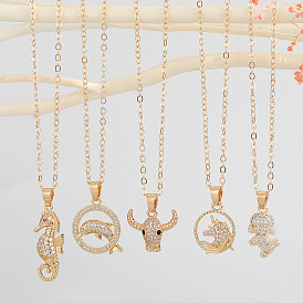 Minimalist Animal Pendant Necklace with Unicorn and Bull Micro-inlaid Lock Clavicle Chain