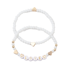 2 pcs 2 styles ensembles de bracelets extensibles en perles de verre à facettes givrées, bracelets empilables en acrylique coeur et amour pour femme