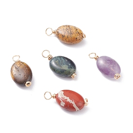 Pendentifs naturelles mixtes de pierre, avec du vrai fil de cuivre écologique plaqué or 18k, ovale