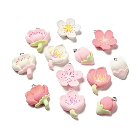 Opaque Resin Peach Blossom Pendants, Flower Charms with Platinum Tone Iron Loops