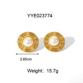 Винтажный китайский стиль 304 круглые серьги-гвоздики из нержавеющей стали для женщин, с пластиковой имитацией жемчуга, реальный 18 k позолоченный