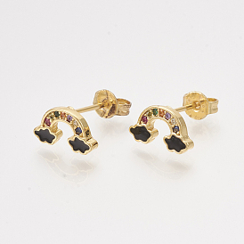 Brass Cubic Zirconia Stud Earrings, with Enamel and Ear Nuts, Rainbow, Golden