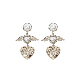 Plastic Pearl Heart with Wing Dangle Stud Earrings with 925 Sterling Silver Pins, Alloy Jewelry for Women