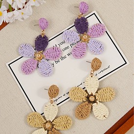 Серьги-гвоздики из сплава рафии с цветочным узором в богемном стиле, золотые