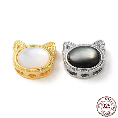 Cat Shape Rhodium Plated 925 Sterling Silver Beads, with Natural Shell, Long-Lasting Plated, with S925 Stamp